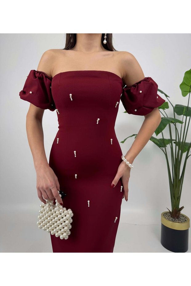 Exclusive Design Pearls Rhinestone Off Shoulder Square Neckline Burgundy Evening Dress
