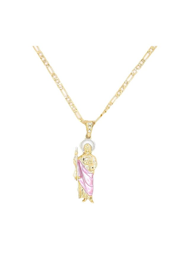 pink Saint Jude Necklace 14K Gold Plated San Judas Pendant Figaro Chain