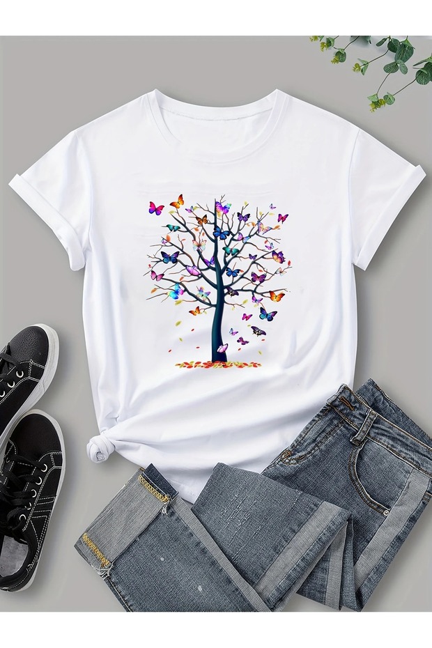 Butterfly Tree Printed T-Shirt, Short Sleeve Casual Top for Summer and Spring, Women's Clothing