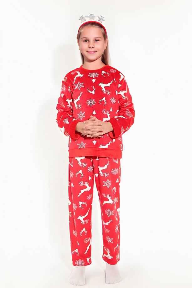 Kız Çocuk Geyik Desenli Kırmızı Süpersoft Pijama Takımı – Yumuşacık ve Canlı Renkler | Dofi - 1