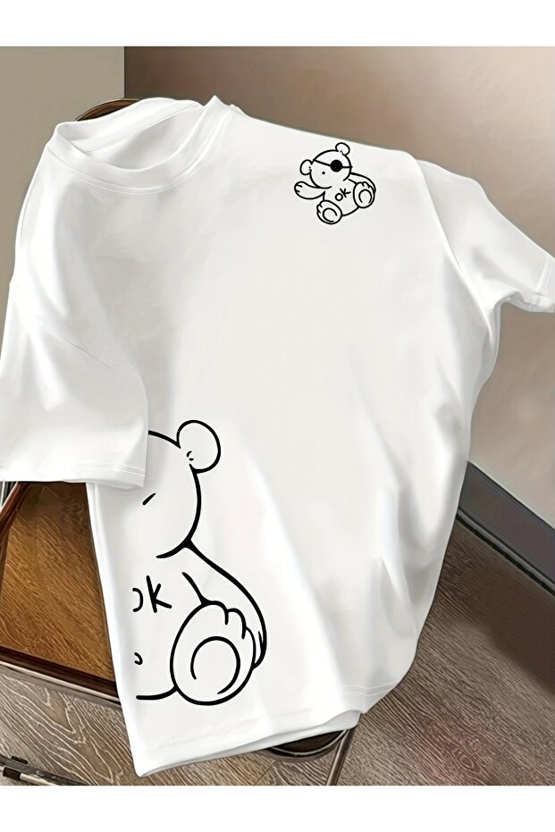 Casual Crew Neck T-Shirt for Women, Cartoon Bear Print, Polyester Blend