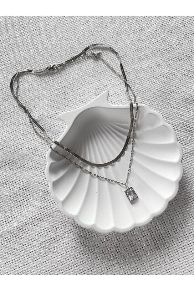 Silver Color Italian Broad Bean Chain Baguette Stone Steel Necklace