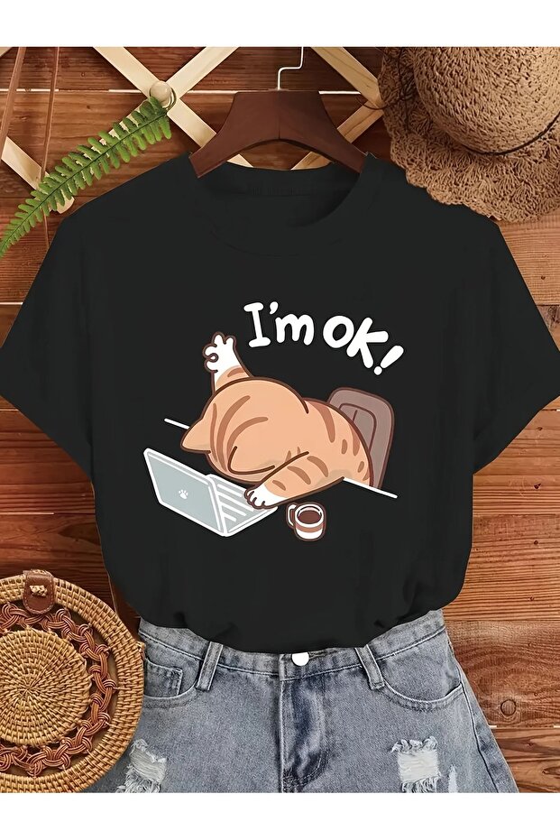 I'M Good Cat Graphic T-Shirt for Women - Casual Black Polyester Blend Tee Shirt
