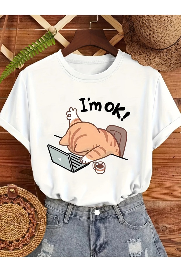 Cute "I'M Good" Cat Graphic T-Shirt for Women - Casual Round Neck Short Sleeve Tee,