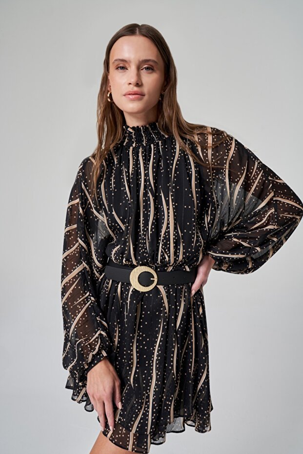 Dik Yaka Şifon Elbise - 4