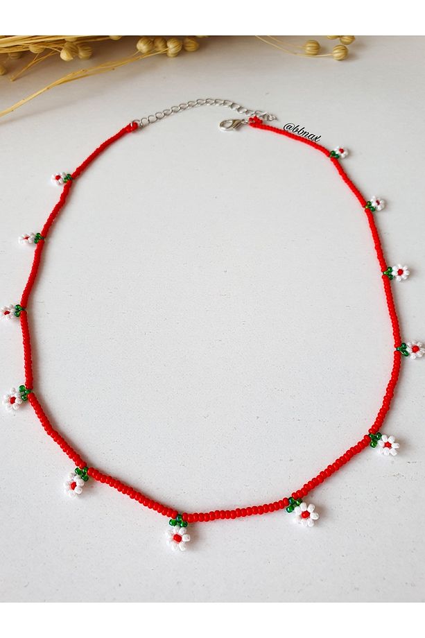 Handmade Minimal Kum Boncuk Kırmızı Çiçekli Kolye - 1