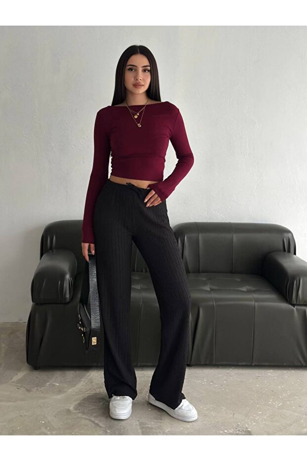 Embossed Patterned Wide Leg Trousers