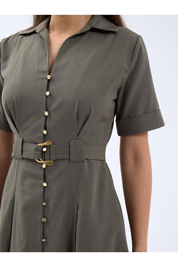 Fame Kadın Önden Düğmeli Kemerli Uzun Elbise - 2