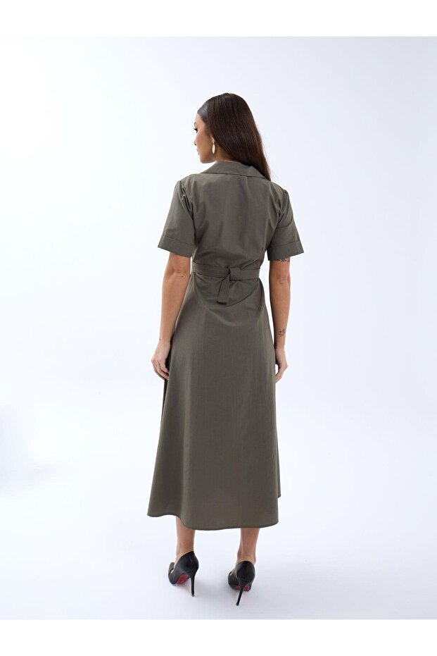Fame Kadın Önden Düğmeli Kemerli Uzun Elbise - 5