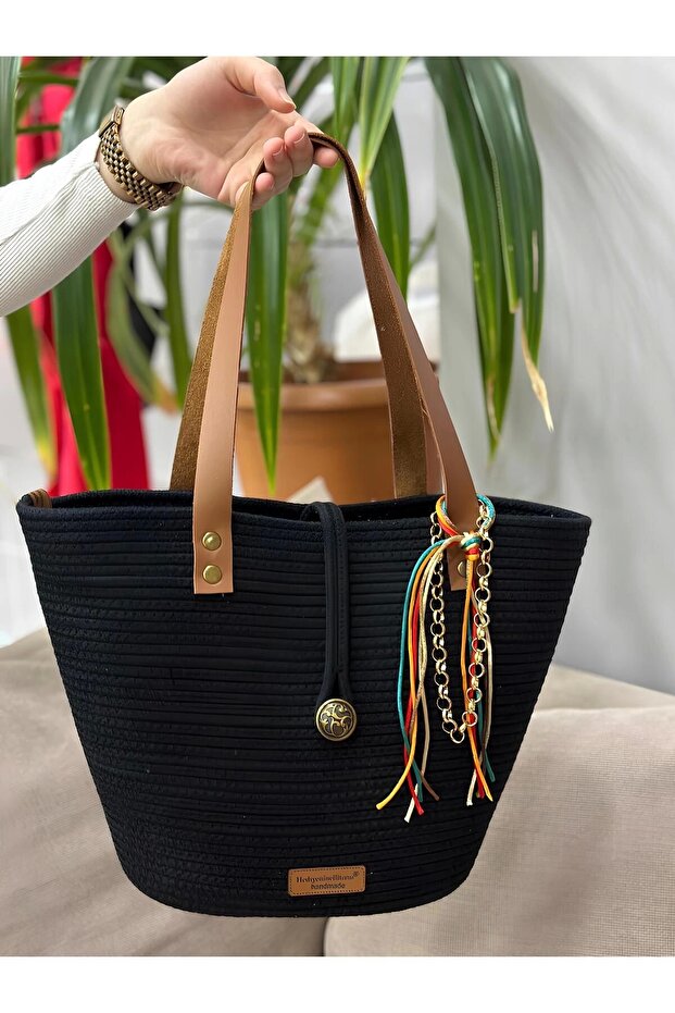 Black Handle Bag Leather Handle Jute Straw Black Cotton Jute Bag