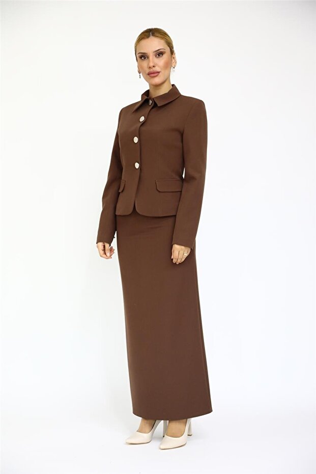 Shirt Collar Classic Jacket & Long Straight Tight Skirt-Chestnut