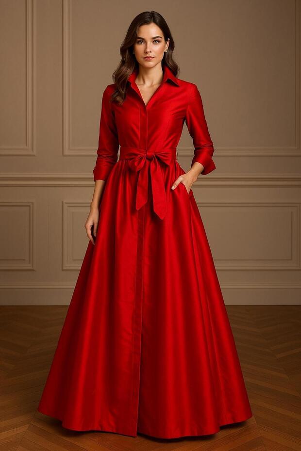 Red Taffeta Long Shirt Dress - Binding Detail with Belt