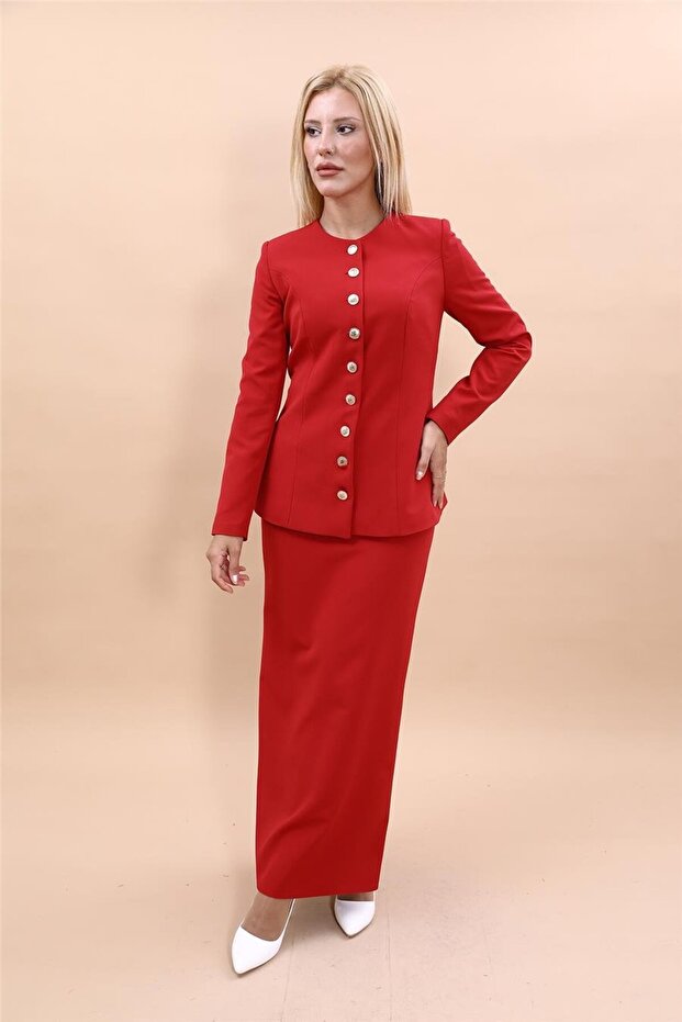 Zero-Neckline Buttoned Jacket & Long Straight Tight Skirt - Red - 1064553