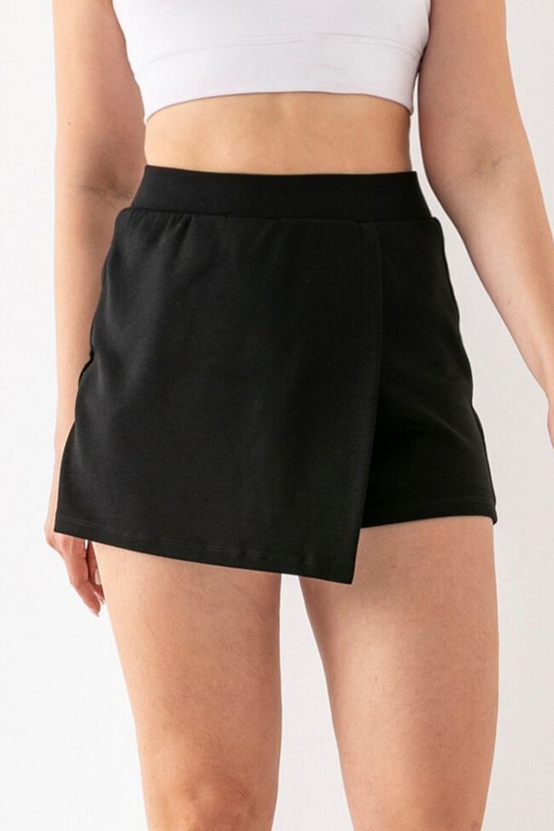 Kadın Siyah Önü Kapaklı Beli Lastikli Modal Kumaş Şort Etek - 1