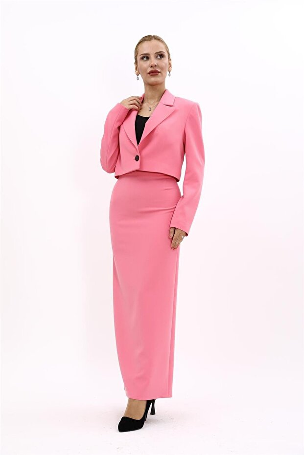 Men's Lapel Single Button Short Jacket & Long Straight Slim Skirt-Pink - 1073553