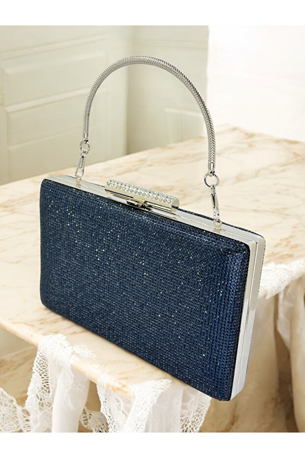 Navy Blue Color, Fully Stone-Encrusted Metal Handle Women's Evening Dress Bag in Two Styles
