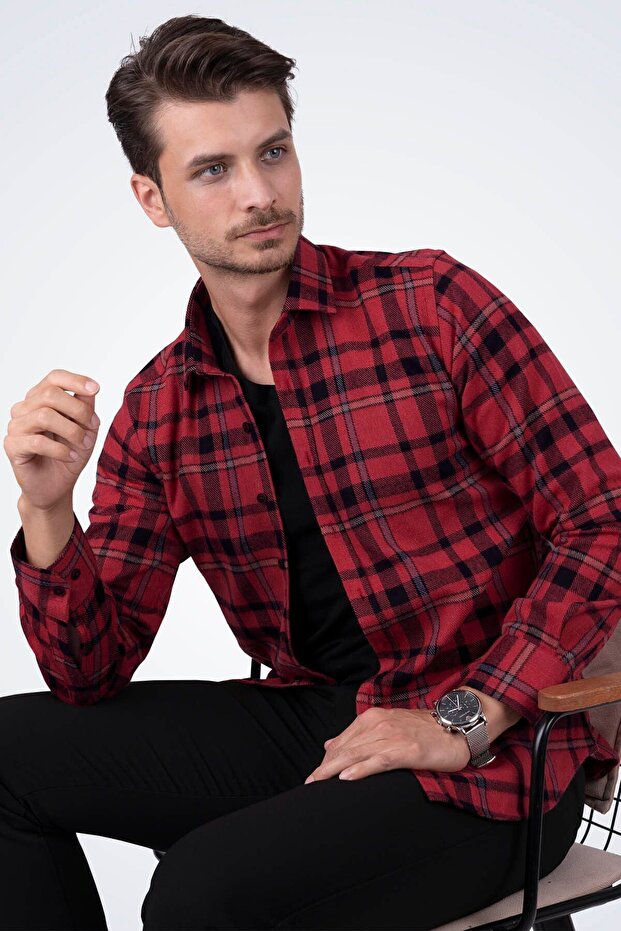 Red Blue Striped Slimfit Lumberjack Shirt with Gift Box