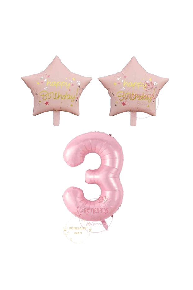 Renaissance Pink Color Number and Happy Birthday Written Star Foil Balloon Set Age 3
