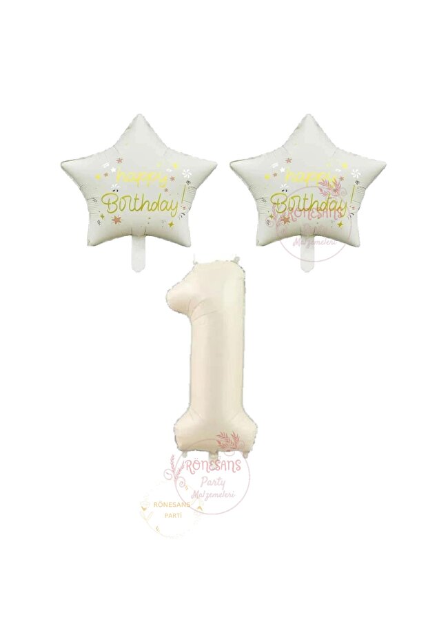 Renaissance Beige Number and Happy Birthday Written Star Foil Balloon Set Age 1