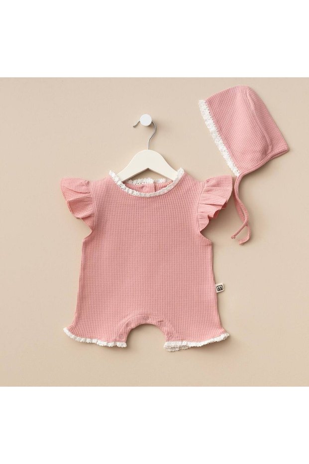 Newborn Baby Girl Summer Lora Hat Waffle Liona Jumpsuit Set Short Sleeve Baby Set