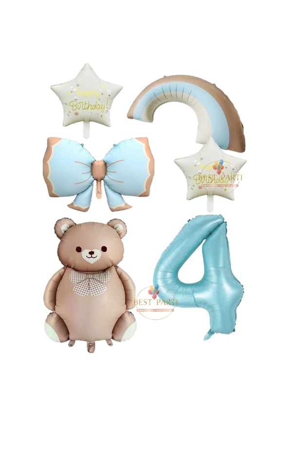 Best Blue Color Bow Numeral Rainbow Star and Caramel Color Teddy Bear Foil Balloon Set Age 4