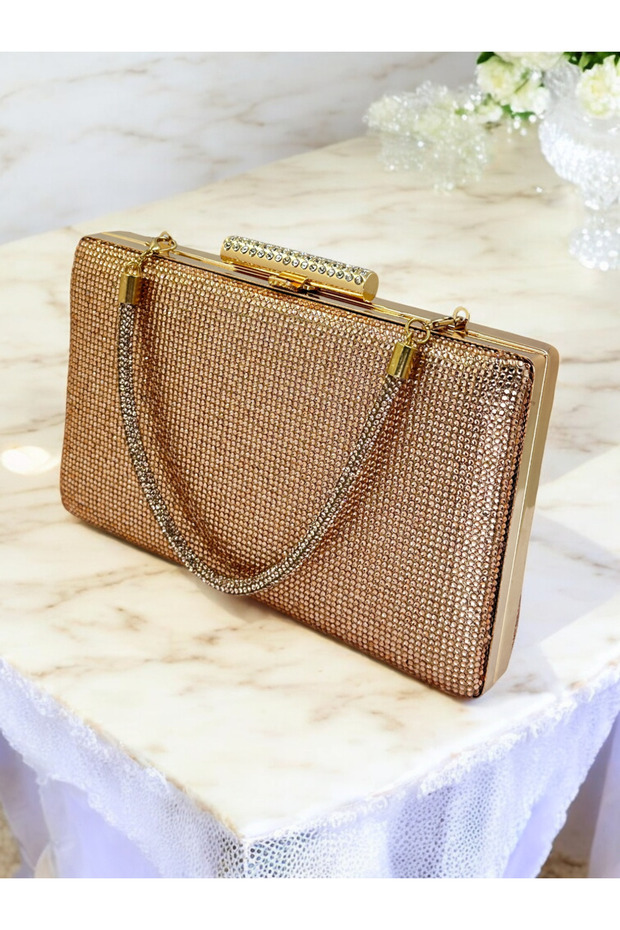 Rosegold Color Women's Evening Dress Bag with Stone Handle, Fully Stone-Encrusted in Two Styles