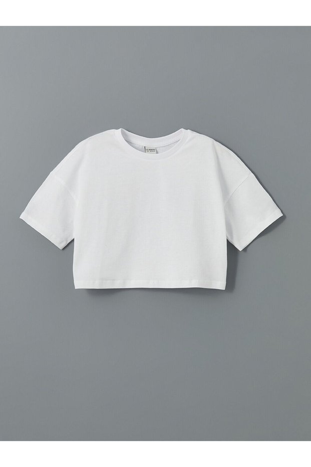 Two Mt Shop Quality Lcw Kids White Oval Collar Girls' Crop T-Shirt