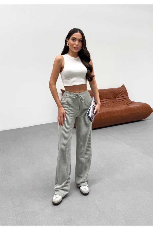 Women's Khaki Striped Knitted Fabric Loose Wide Leg Waist Lace up High Waist Palazzo Pants