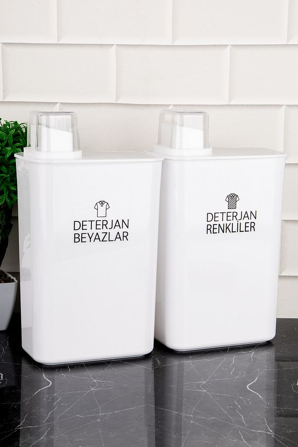 2'li Kendinden Ölçekli Deterjan Saklama Kabı Renkliler ve Beyazlar Etiketli Deterjanlık Set 3000 ml - 1