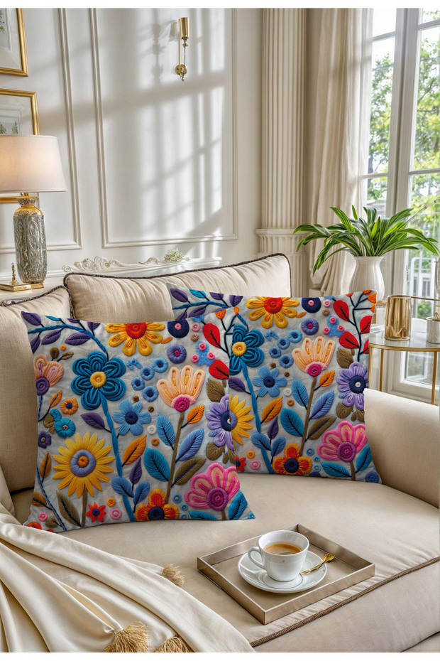 Punch Embroidery Pattern Digital Printed 2-Piece Throw Pillow in Blue and Yellow Colors - Pillowcase Luxury Velvet