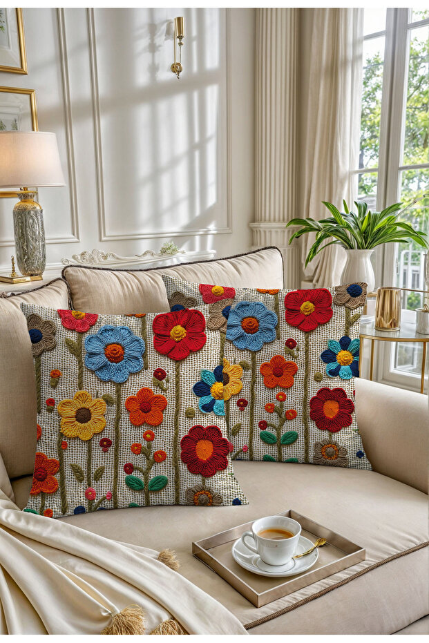 Punch Embroidery Pattern Digital Printed 2-Piece Throw Pillow Cover in Blue Yellow Red Colors