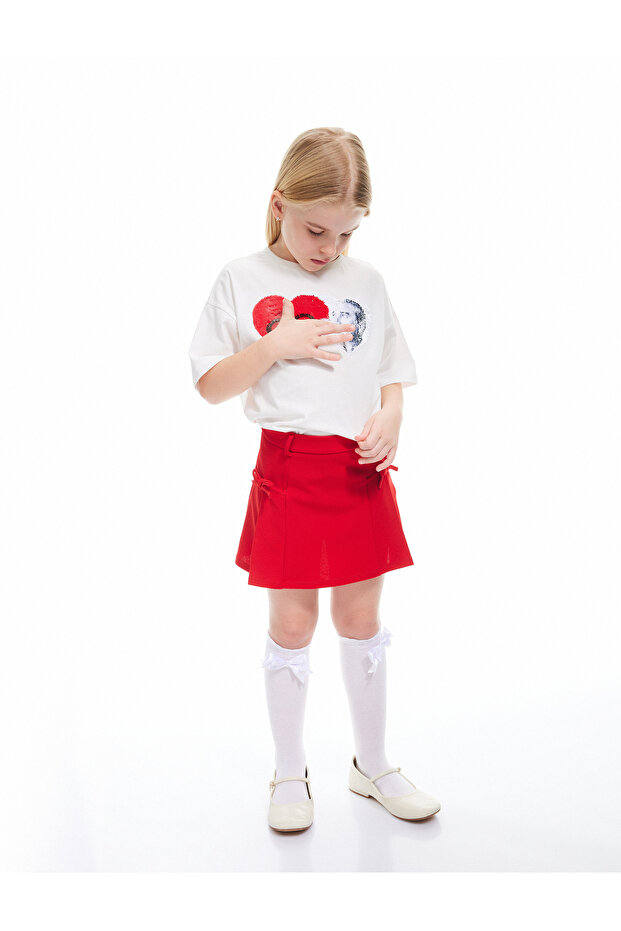 Short Sleeve Crew Neck Heart Sequin Sequined Turkish T-Shirt