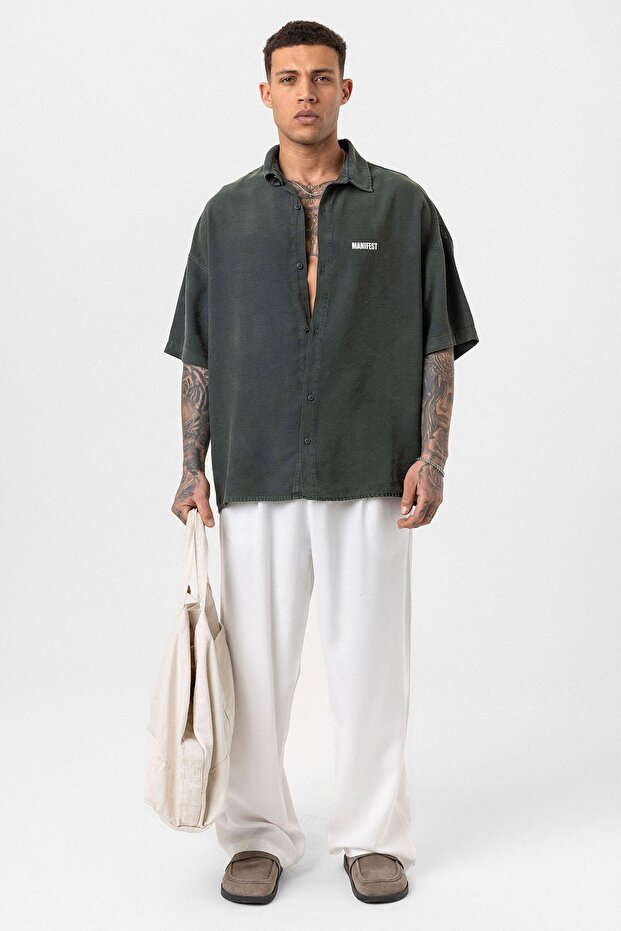 Washed Oversize Printed Short Sleeve Shirt Green