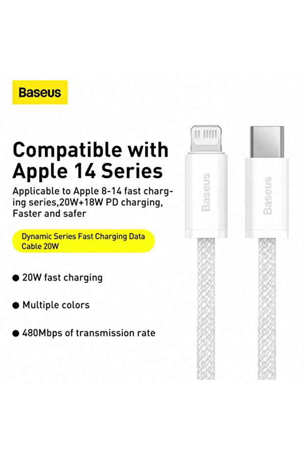 كابل Baseus USB C إلى Lightning أبيض 2 متر 20 واط PD لهاتف Iphone 14 13 12 Pro Max شحن سريع