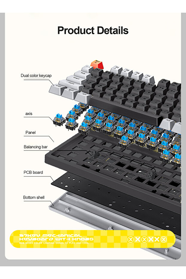 T50 Wired Gaming Keyboard, 97 Keys Blue Switch Mechanical Keyboard with Rgb Backlit and Multimedia - 3