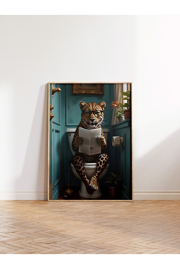Ahşap Çerçeveli Tablo, Leopard in Toilet, Comfort Serisi Mutfak Ahşap Tablo, NO:108926 - 3