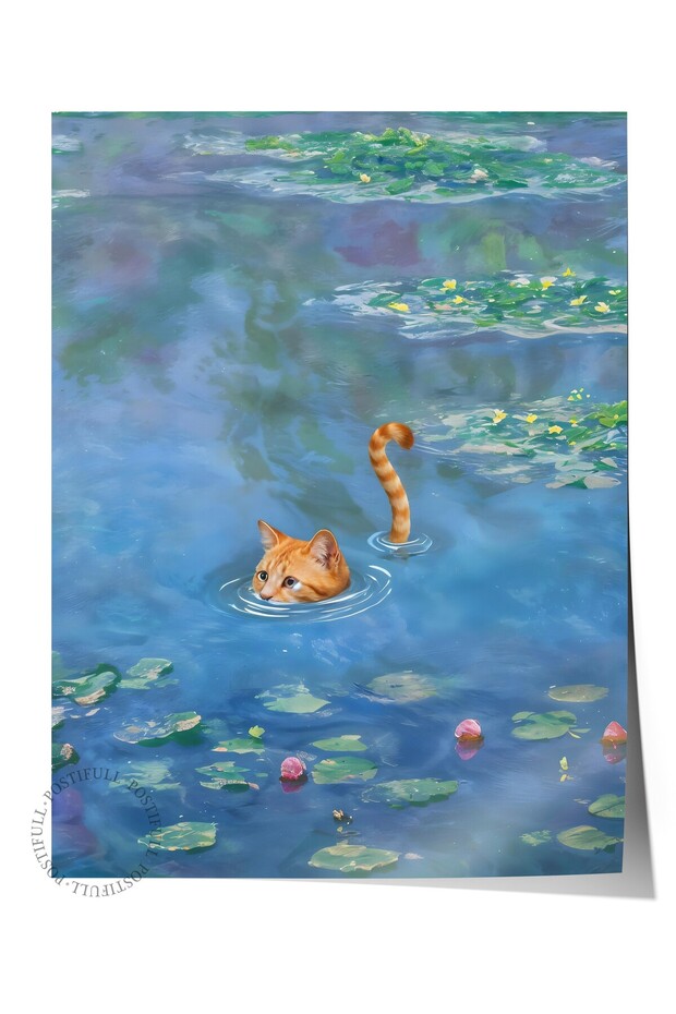 Çerçevesiz Poster, Cat Print Monet Waterlily - 1, Comfort Serisi Mutfak Duvar Posteri, NO:108966 - 1
