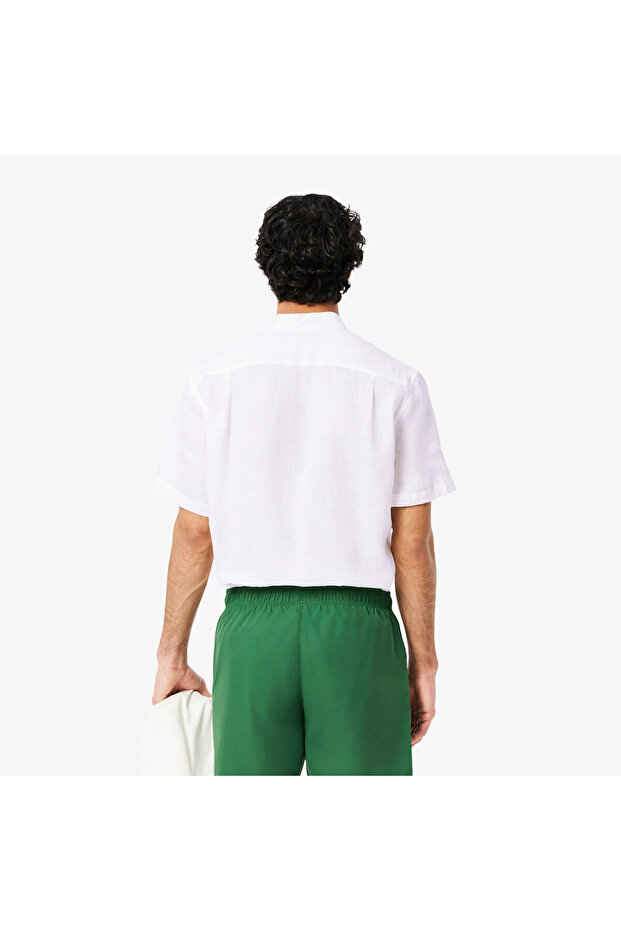 Erkek Regular Fit Kısa Kollu Düğmeli Yaka Keten Beyaz Gömlek - 3