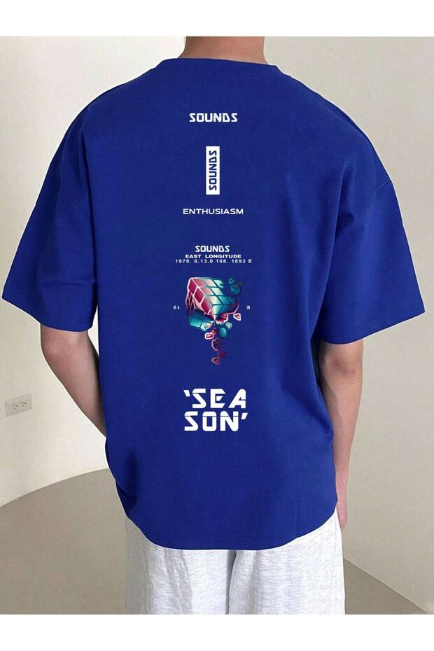 Чоловічий саксофон синій оверсайз з принтом на спині, трикотажна футболка - 1