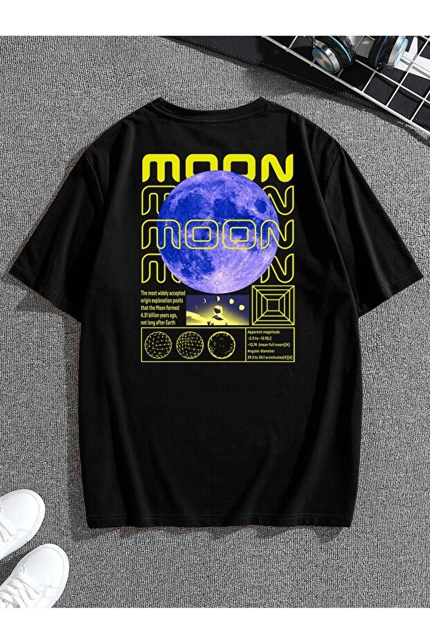 Unisex Oversize Moon Printed Black T-shirt