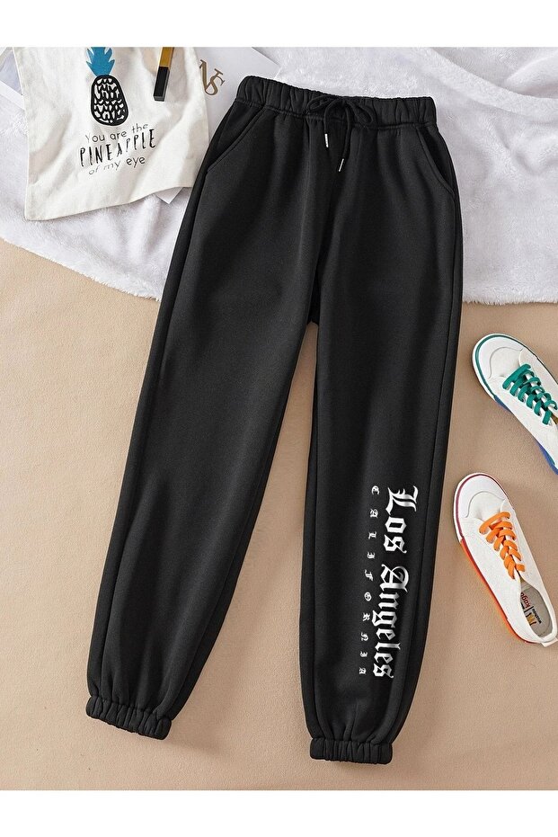 Women's Black Los Angeles Printed Elastic Leg Sweatpants Jogger 2 Thread Without Raising