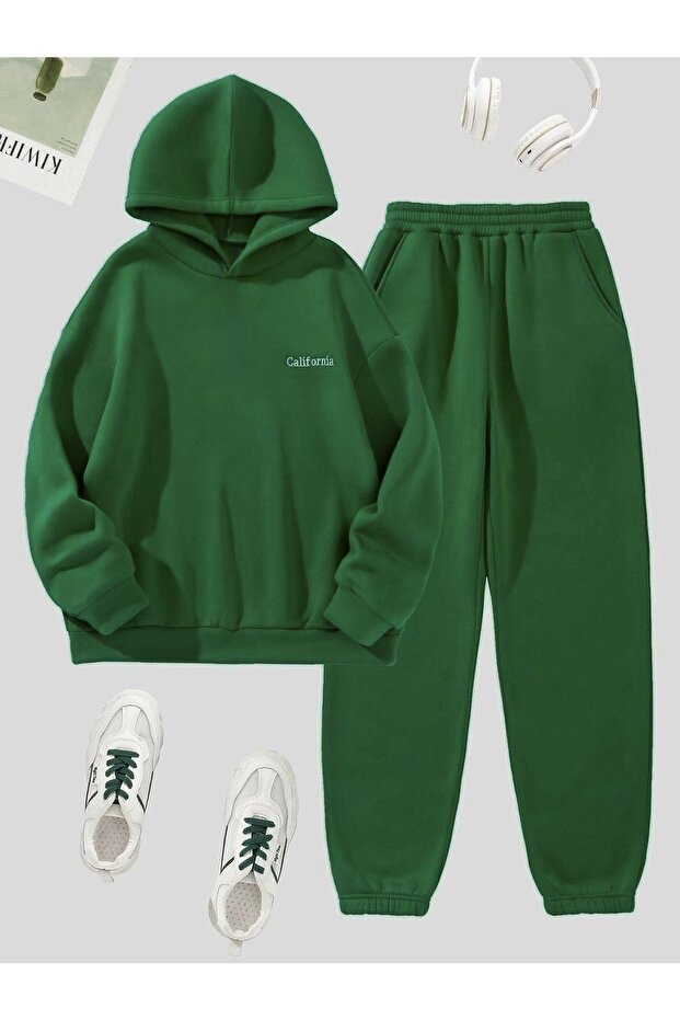 California Minimal Text Tracksuit Set Sweatshirt Jogger - Green Printed Oversize Hooded Hoodie