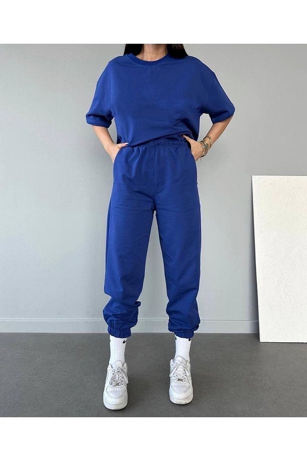 Basic T-shirt Eşofman Altı Jogger - Saks Mavi Düz Alt Üst Eşofman Takımı Oversize Bisiklet Yaka - 5