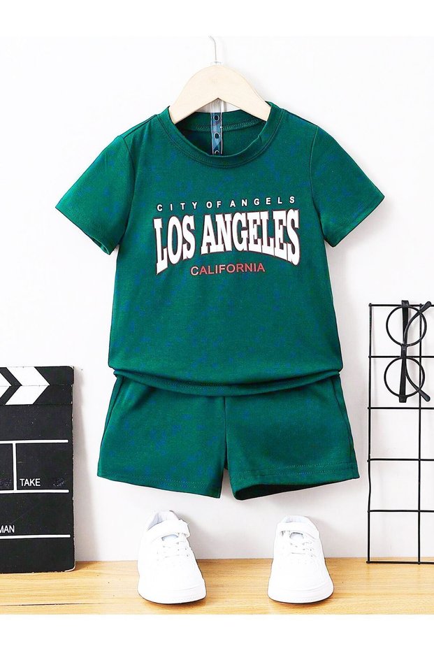 Los Angeles California Printed Cotton Children's Green Shorts T-Shirt Set - Children's Summer Crew Neck