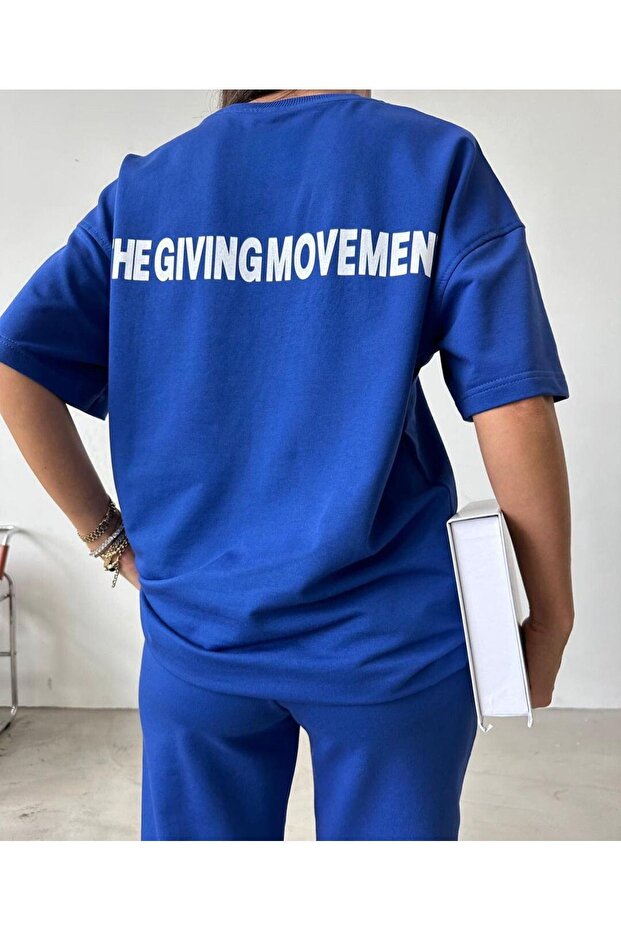 حركة تي شيرت Sweatpants Jogger - بدلة رياضية زرقاء مطبوعة من الأسفل ورقبة دائرية كبيرة الحجم