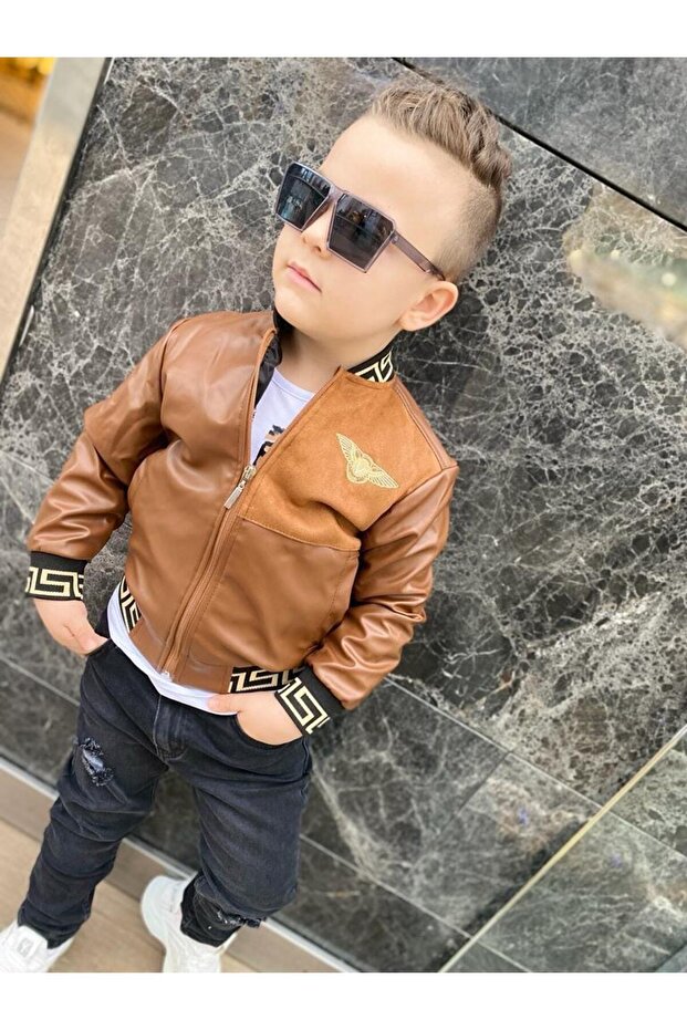 Boy's Embroidered Leather Jacket / Jeans / Printed T-Shirt 3-Piece Combination
