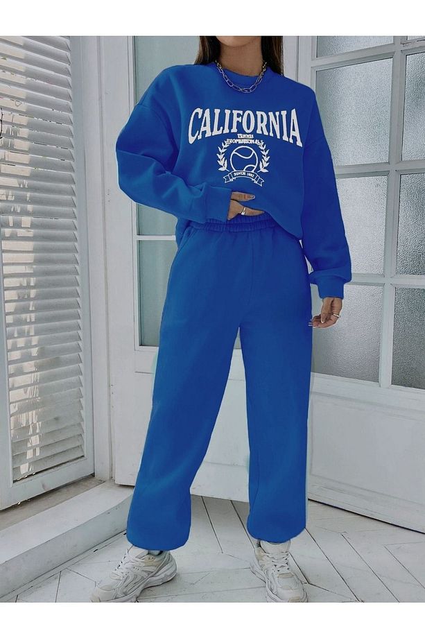 Tenis California Eşofman Takımı Sweatshirt Jogger - Sax Mavi Baskılı Oversize Şardonlu Bisiklet Yak - 3