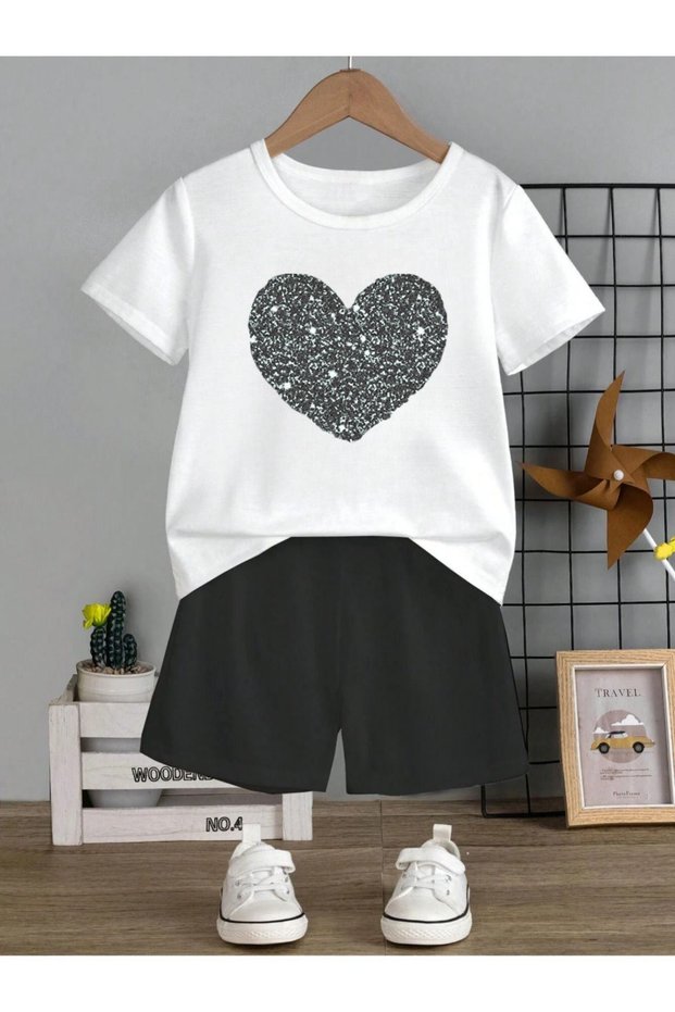 Heart Cotton Kids Set - White T-Shirt Black Shorts Printed Girls Boys Summer Crew Neck