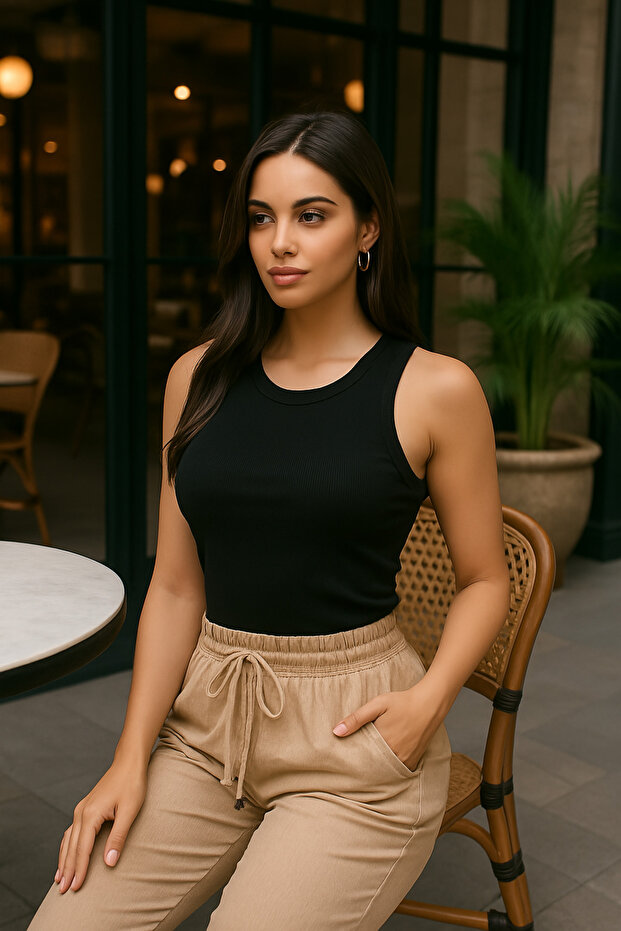Women's Black Halter Neck Ribbed Knit Tank Top Bodysuit