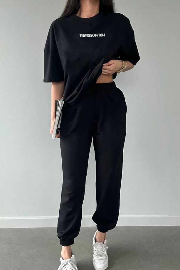 T-shirt Eşofman Altı Jogger - Siyah Baskı Alt Üst Eşofman Takımı Oversize Bisiklet Yaka - 1
